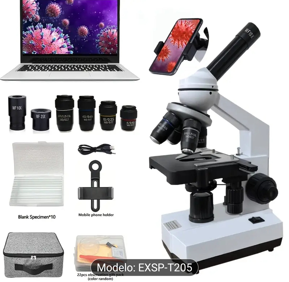 Microscopio de 4 puertos con aumento de 40X-2500X