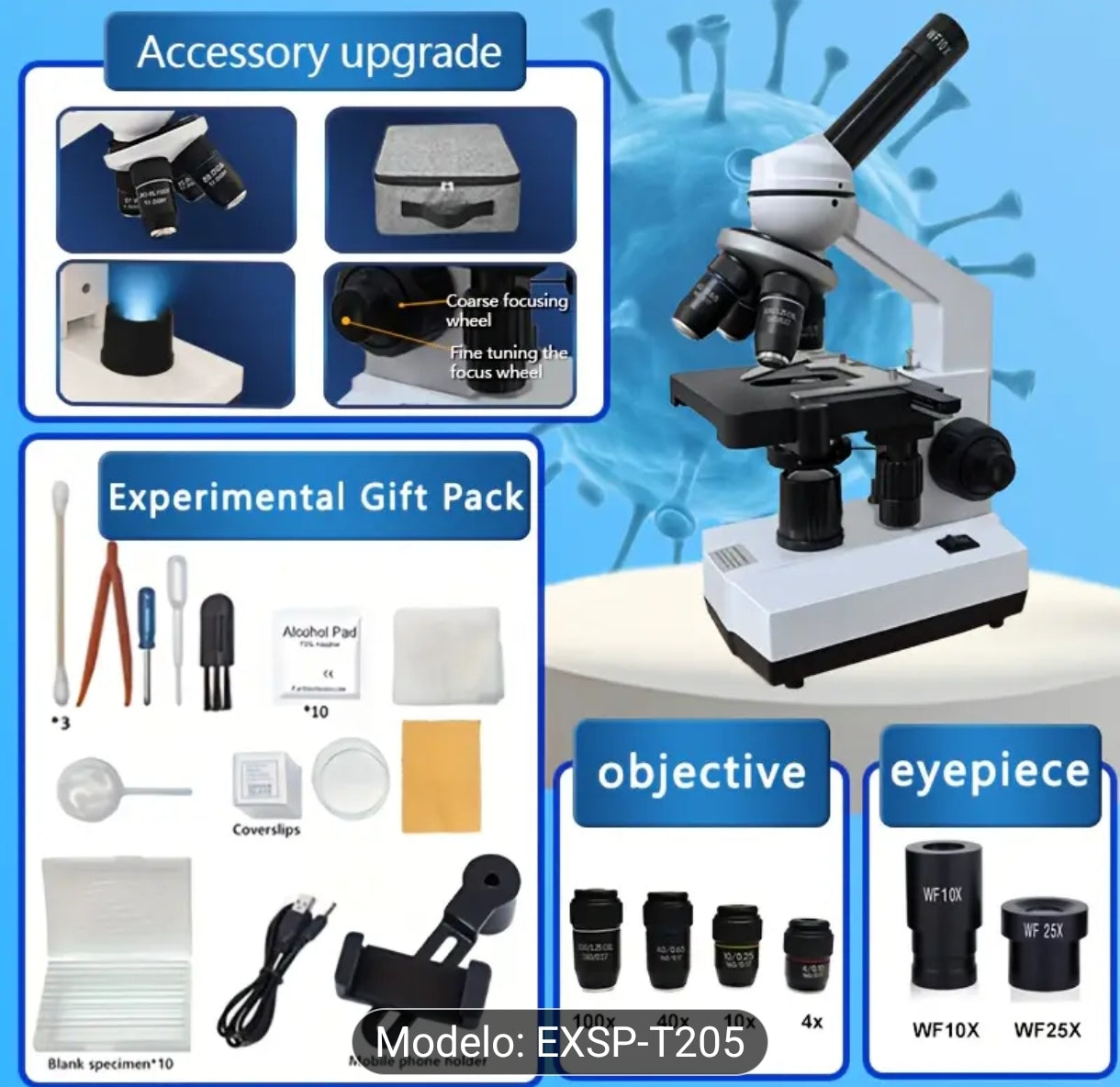 Microscopio de 4 puertos con aumento de 40X-2500X