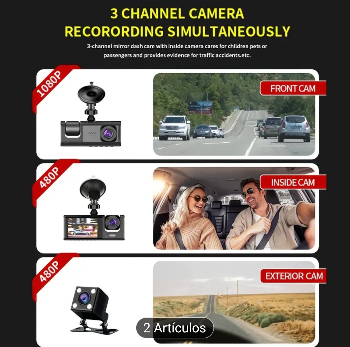 Cámara para automóvil dual para interior y exterior de 1080p